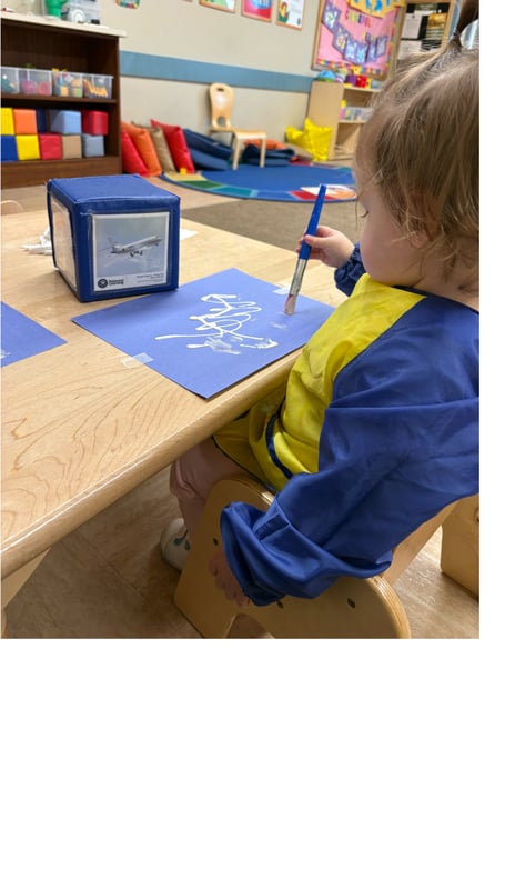 Toddler 1  Wonder Time 2 Early Art Masters Things That Fly, Oh My! Guiding the children to finger paint, mimicking the line motions of an airplane in the sky!