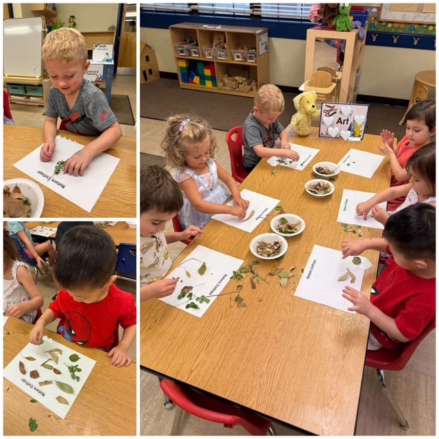 nature walk for materials, happy children making a collage with their findings