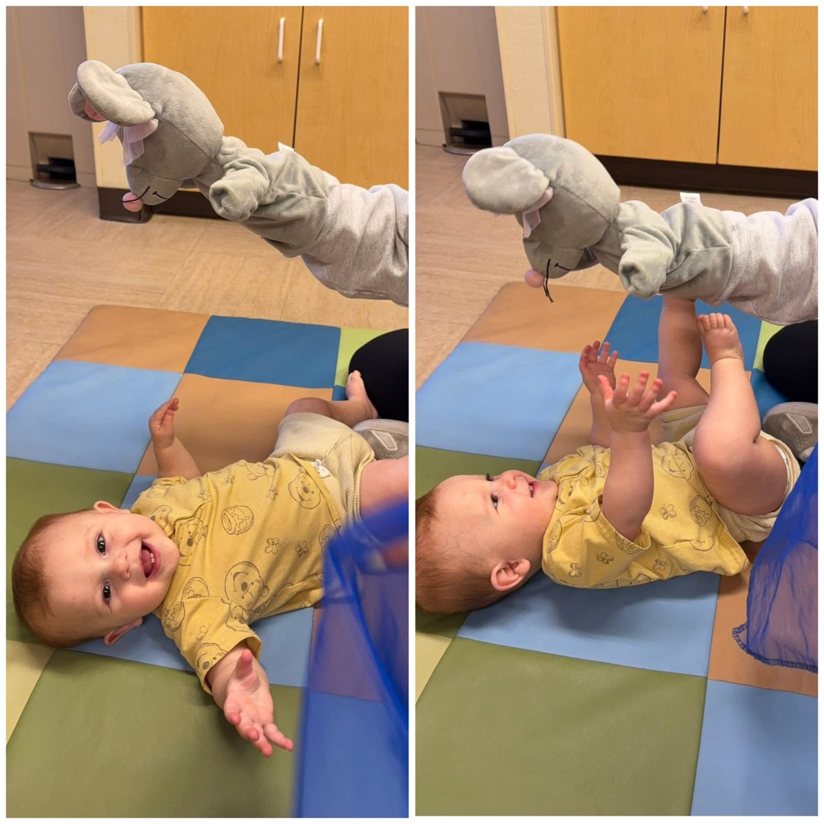 infant smiling playing peek a boo, cause and effect learning