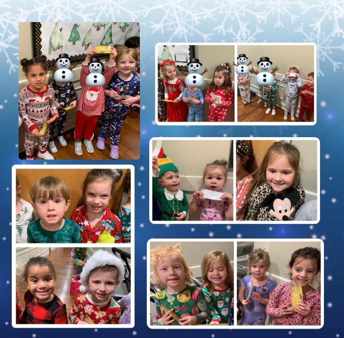 Children at Primrose School of Heritage Wake Forest enjoying Polar Express movie day with golden tickets.