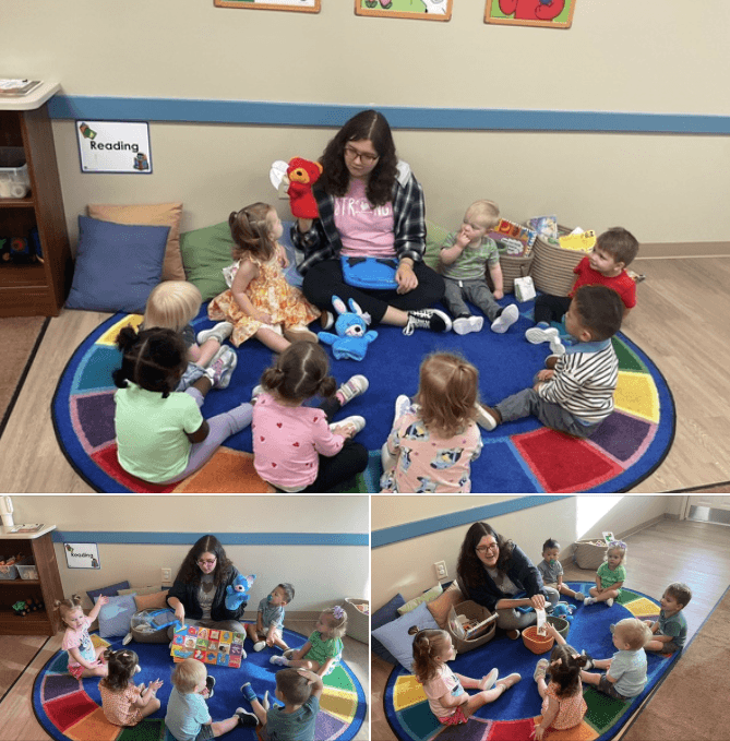 toddlers sitting on colorful rug in a circle, looking at teacher holding puppet; 