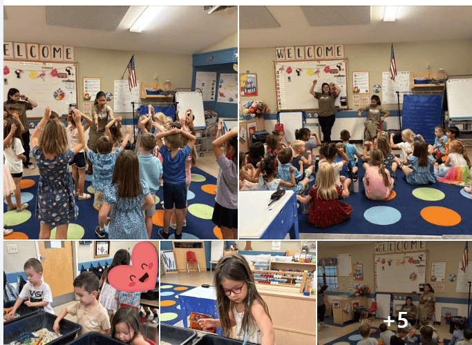 children dancing at circle time while teachers hold baby dinosaur puppets 