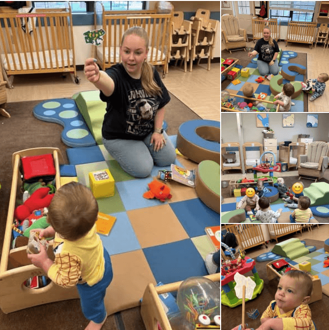teacher holding up a frog for infants