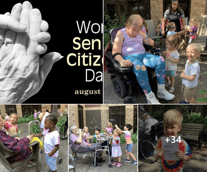 children visiting a senior center and residents smiling and laughing 