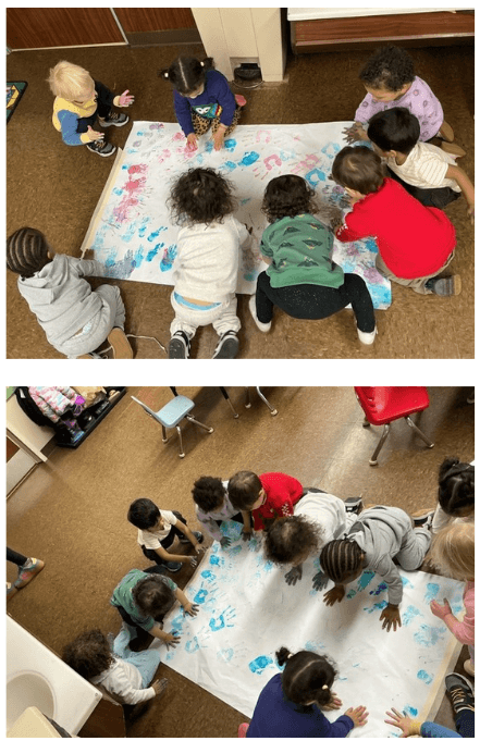 Early Preschool students making art together