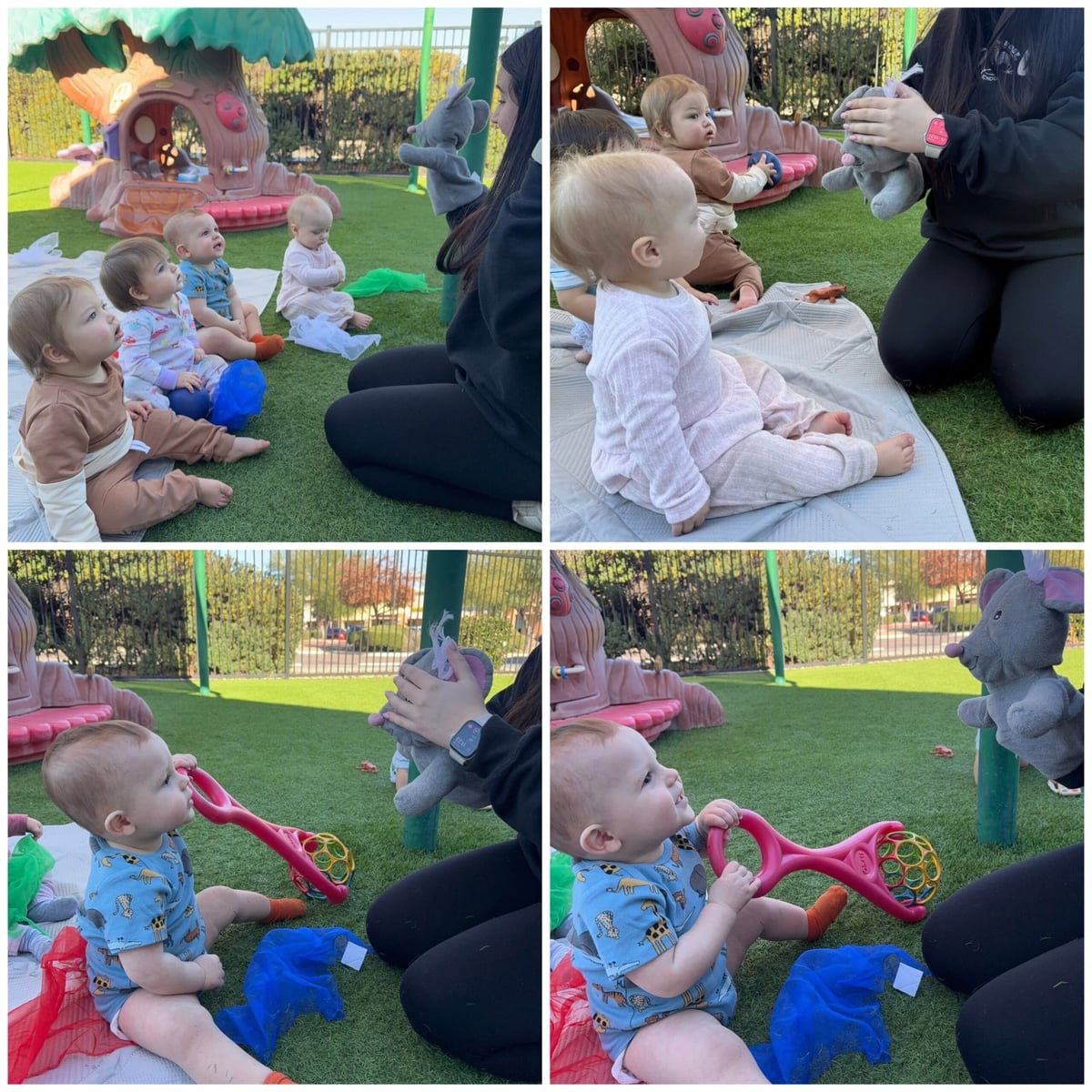 babies smiling and playing peek a boo with teacher