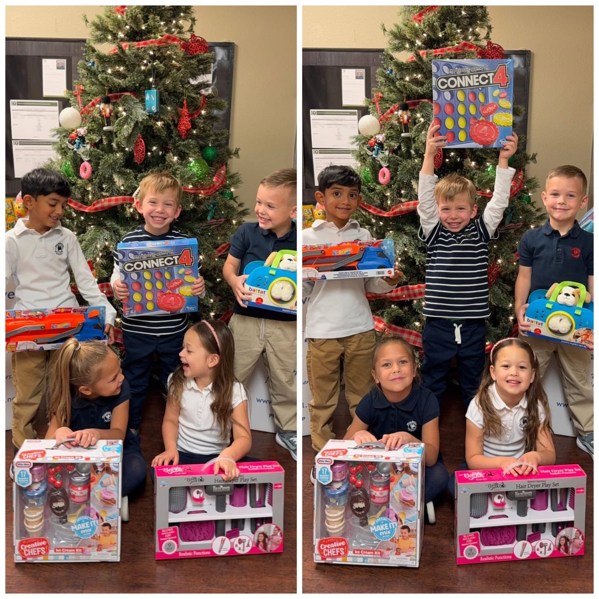 children smiling with gifts for children in need