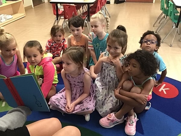 Children sitting and looking at a book being read out loud to them.