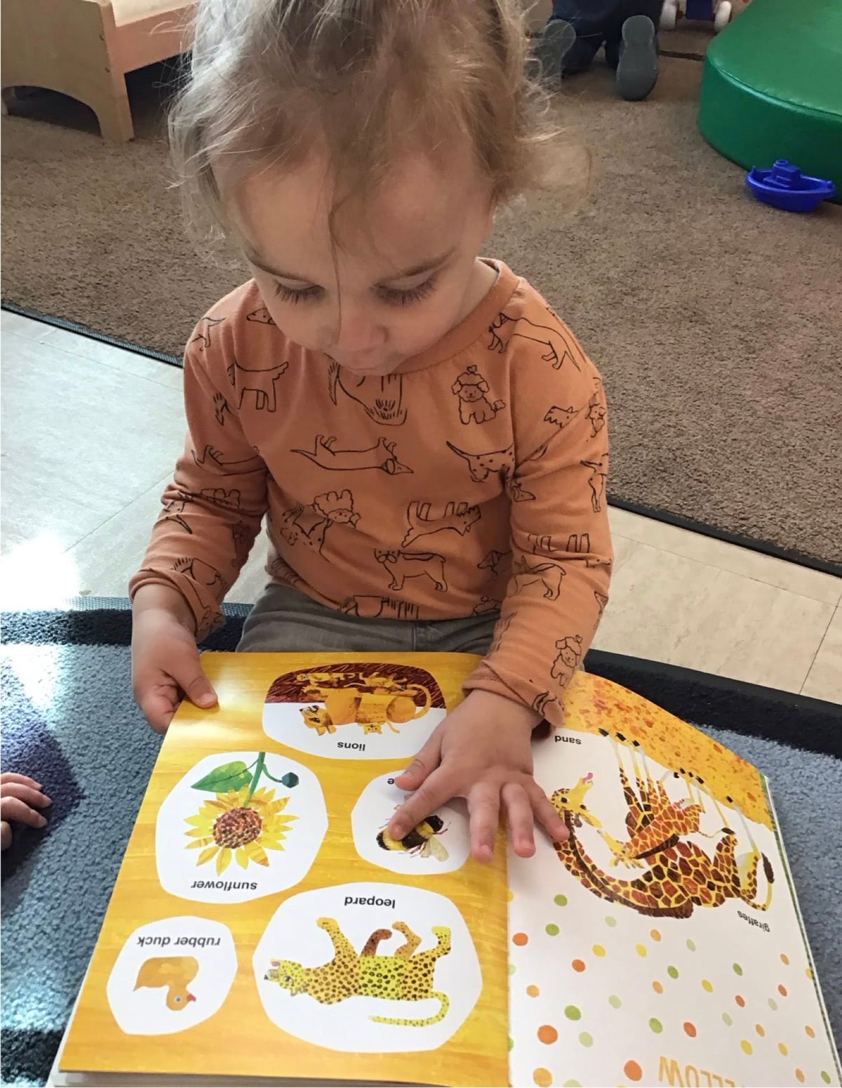 A child reading a book about colors