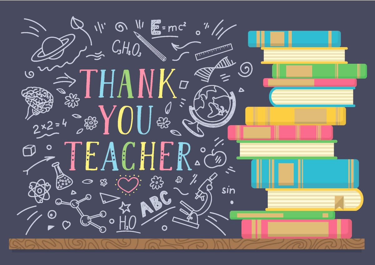 stack of colorful book with a sign that says thank you teachers