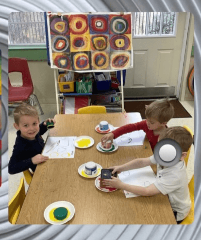 Preschool students at Primrose School of Heritage Wake Forest creating Kandinsky-inspired art during Early Art Masters.