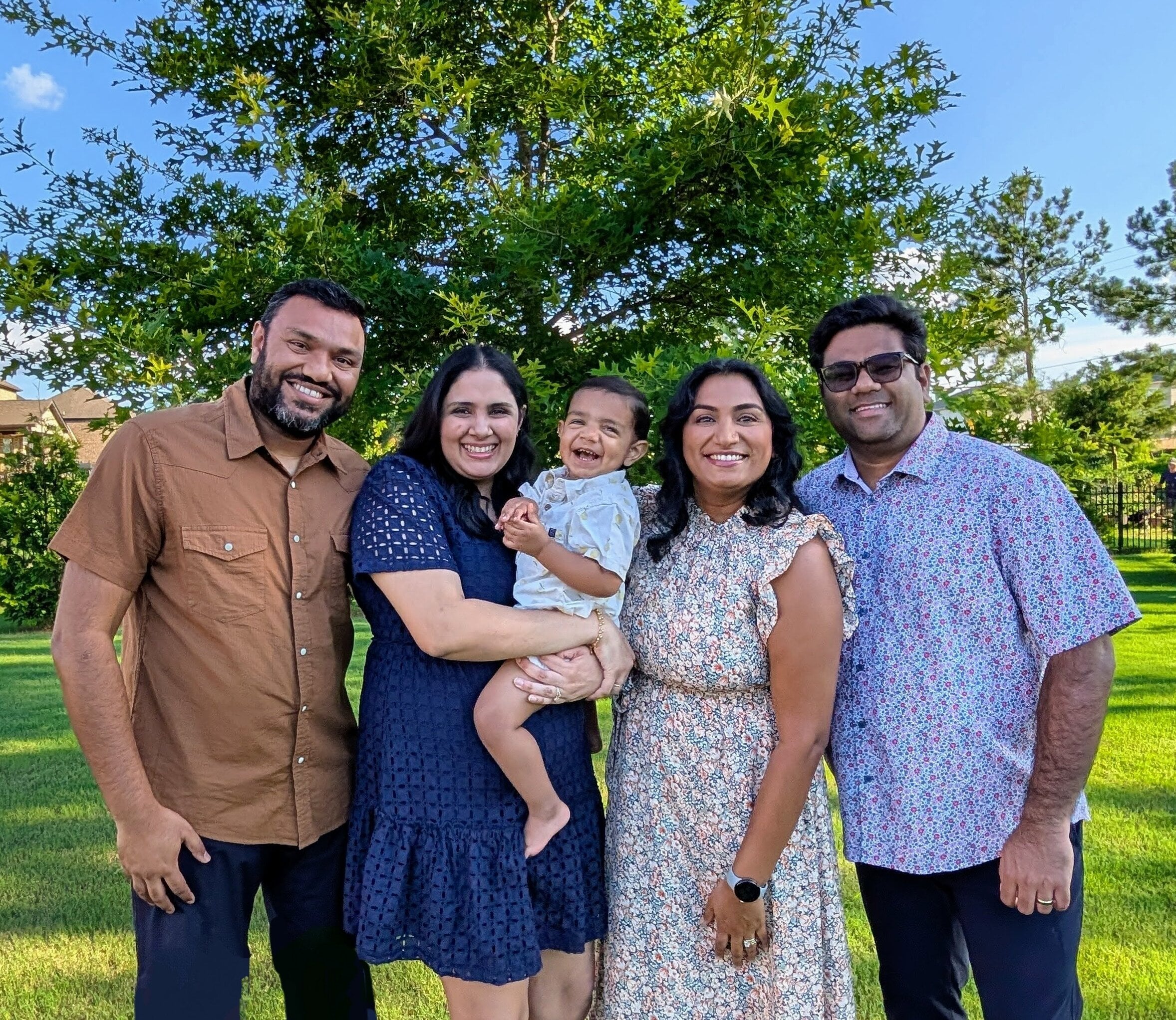 Pictured: Vatsal, his wife Sonu, their son Niam, Vidhi, and her husband Deepam